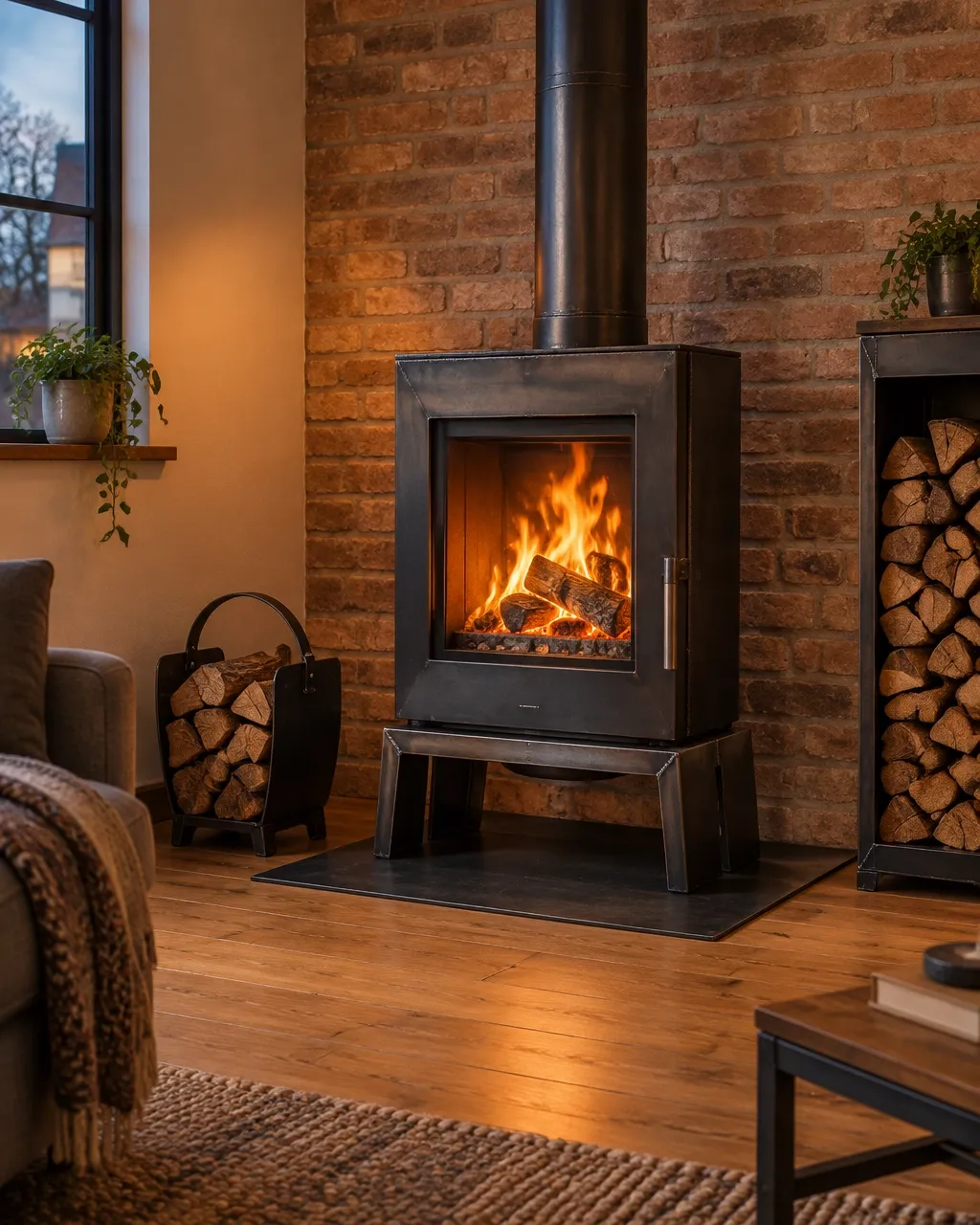 Freestanding custom steel log burner with a visible fire in front of a brick fireplace, beside a matching steel log basket and log store