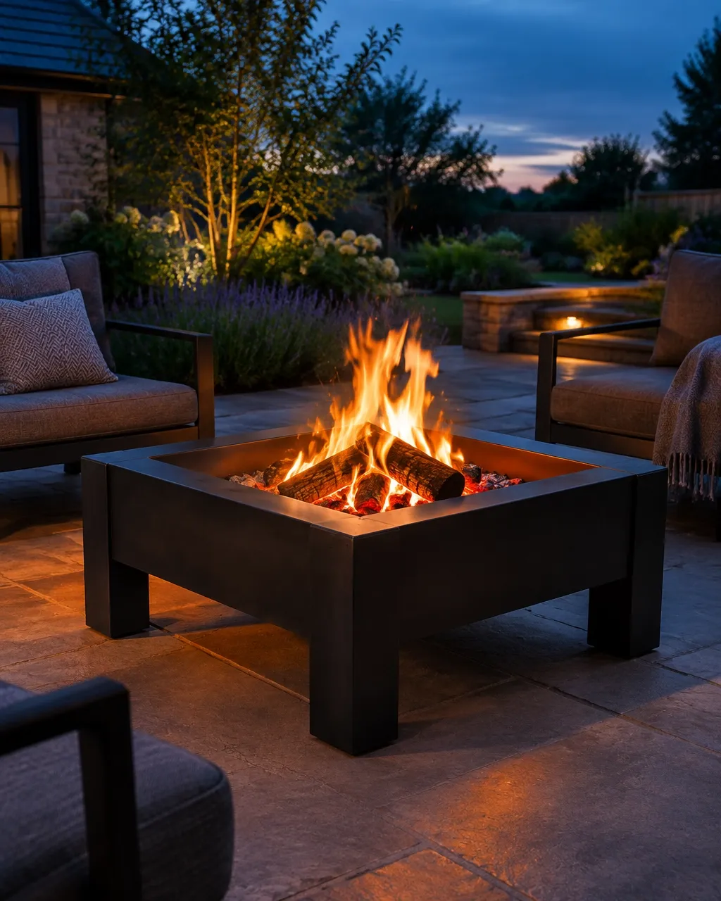 Steel garden fire pit with a lit fire on a paved patio at dusk, surrounded by outdoor seating