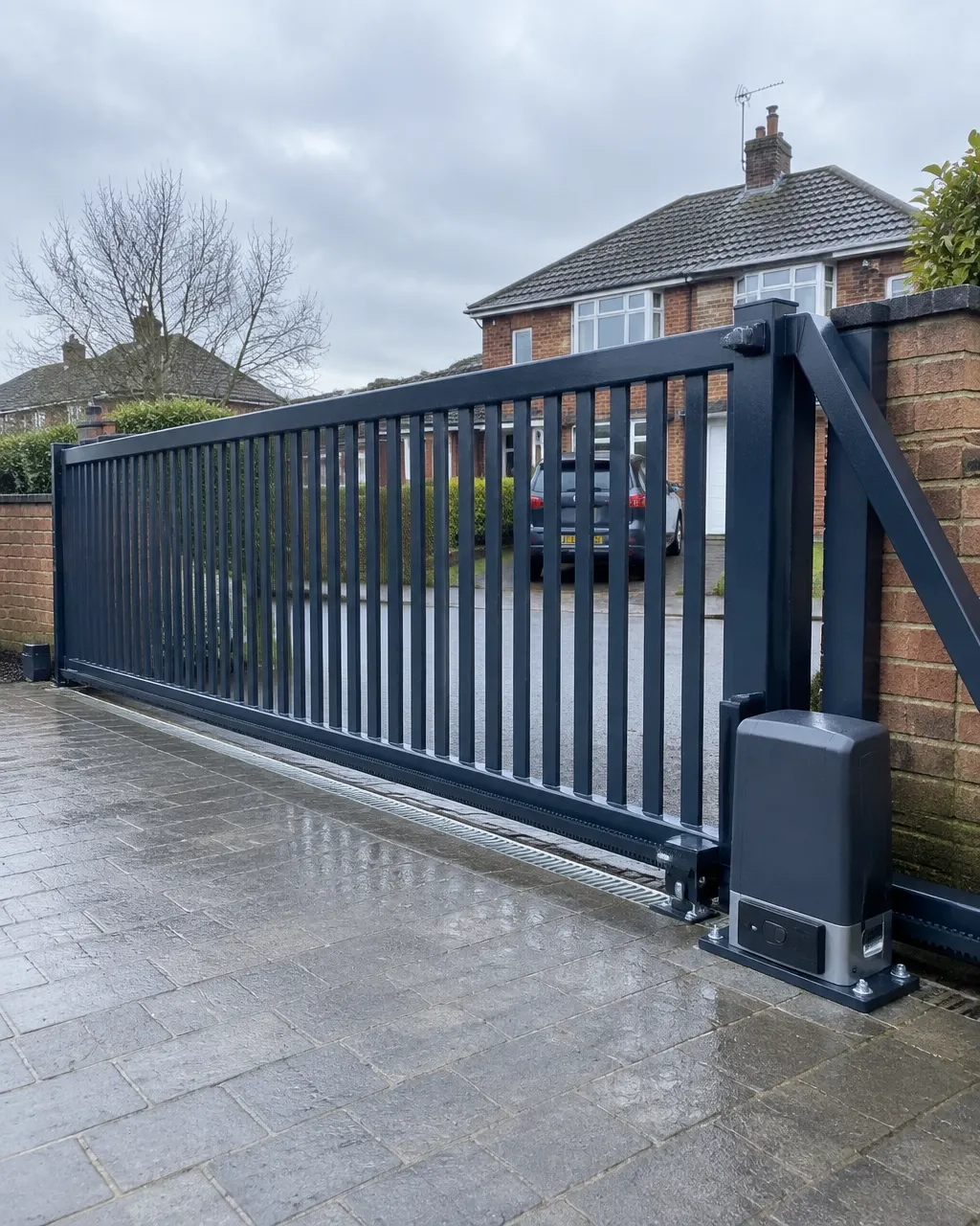 Electric sliding driveway gate with a visible motor and steel frame on a residential drive