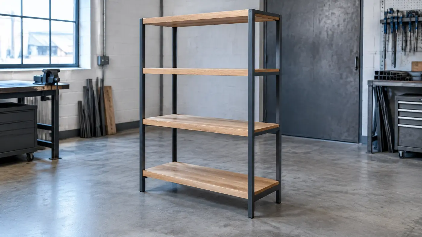 Freestanding steel shelving unit with four solid oak shelves