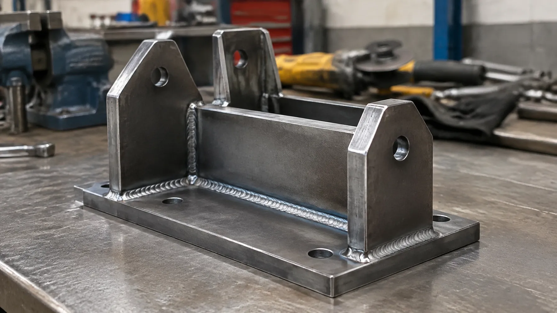 Close-up of a machined and welded steel component showing a clean weld, consistent holes and square edges
