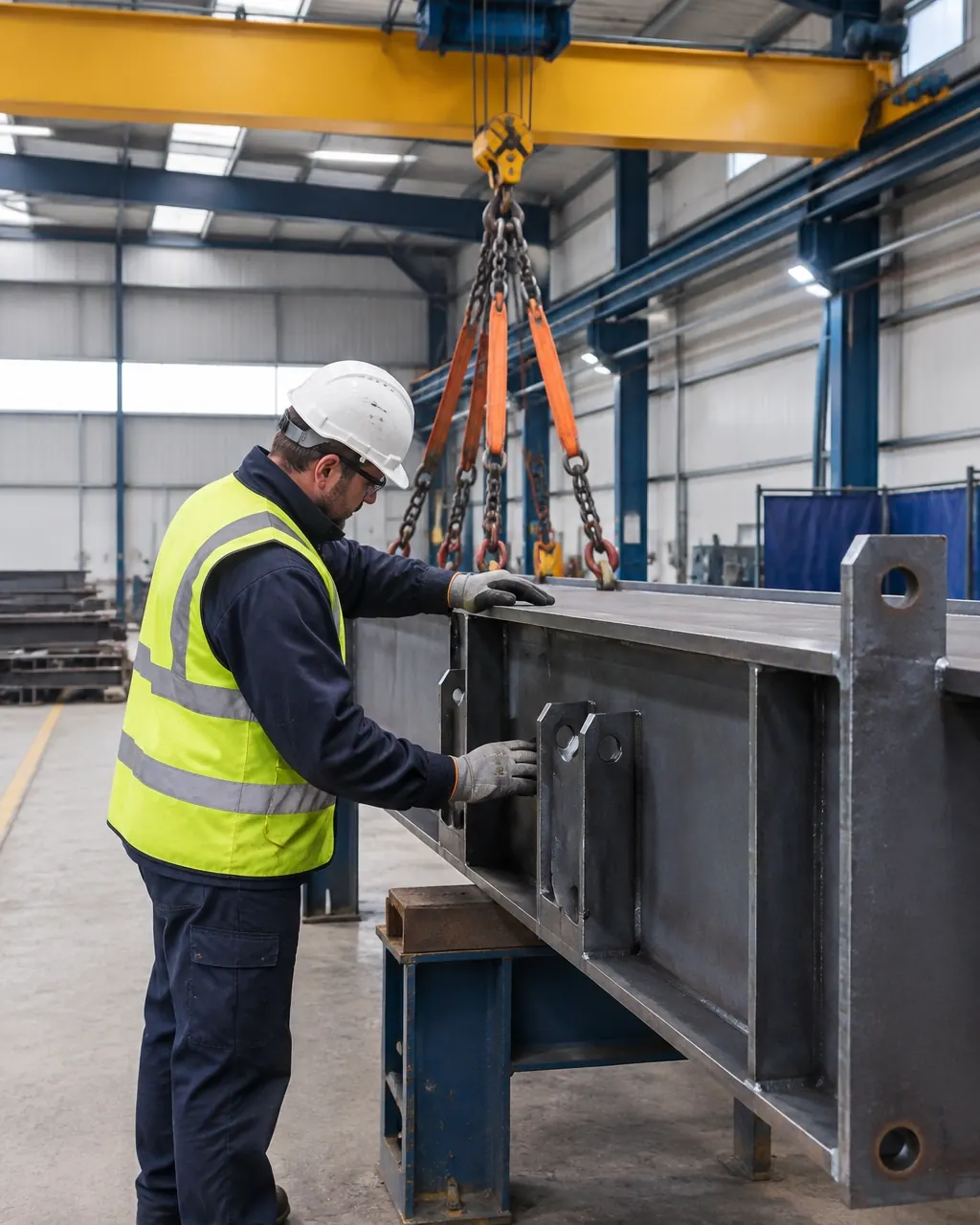 Steelworker in gloves, helmet and high-vis checking a fabricated steel component beneath an overhead crane