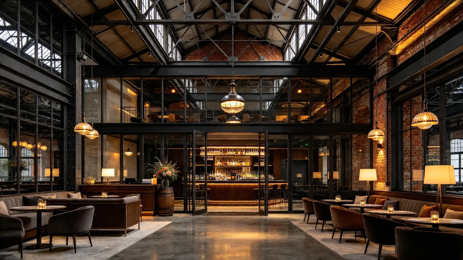 Bar interior with black steel-framed glass partitions, exposed brickwork and warm lighting