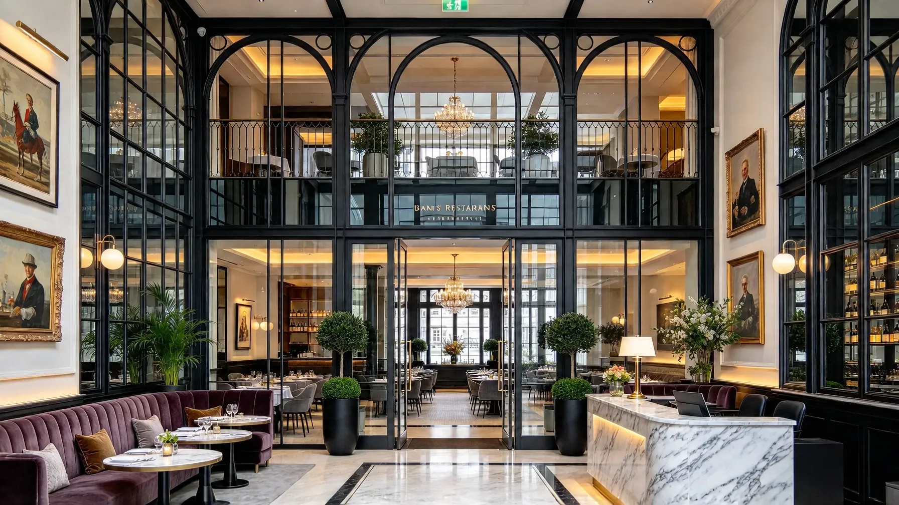 Restaurant interior with tall black steel-framed glazed partitions and arched upper panels