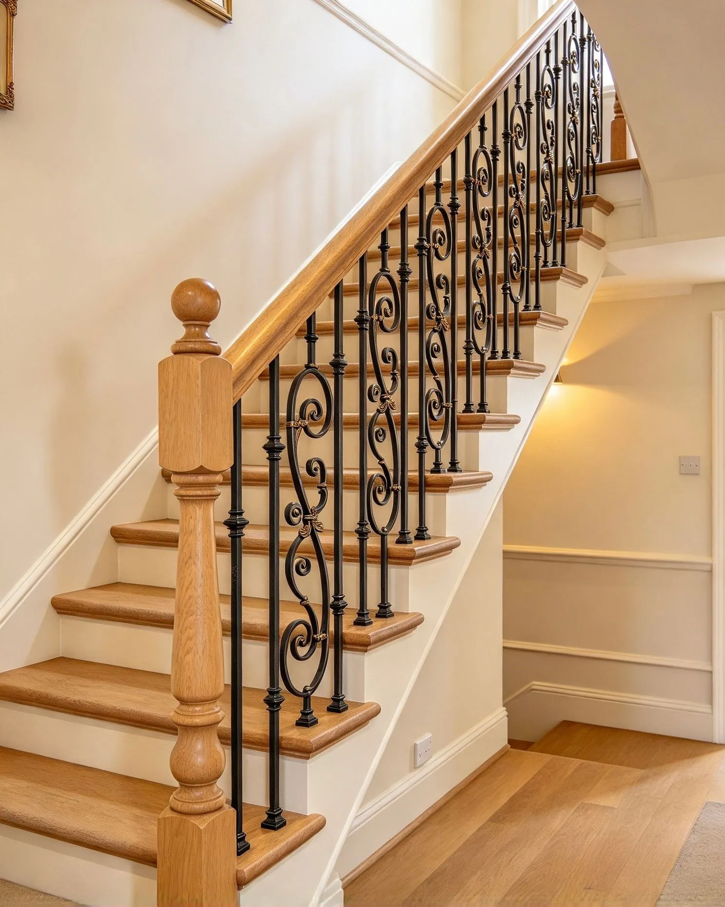 Decorative black metal balustrade with scroll details beside an oak staircase