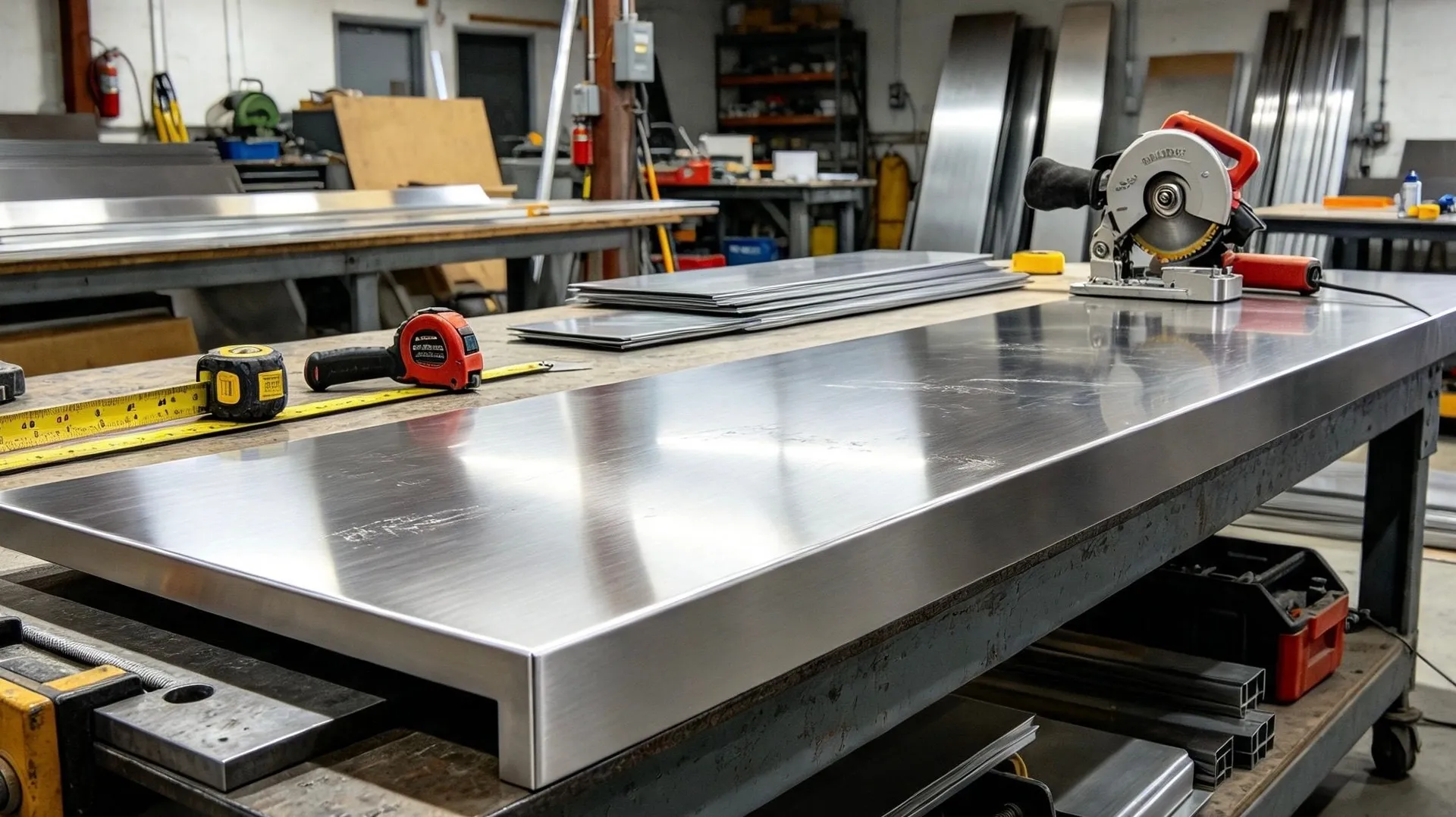 Stainless steel workbench on a metalworking table in the workshop