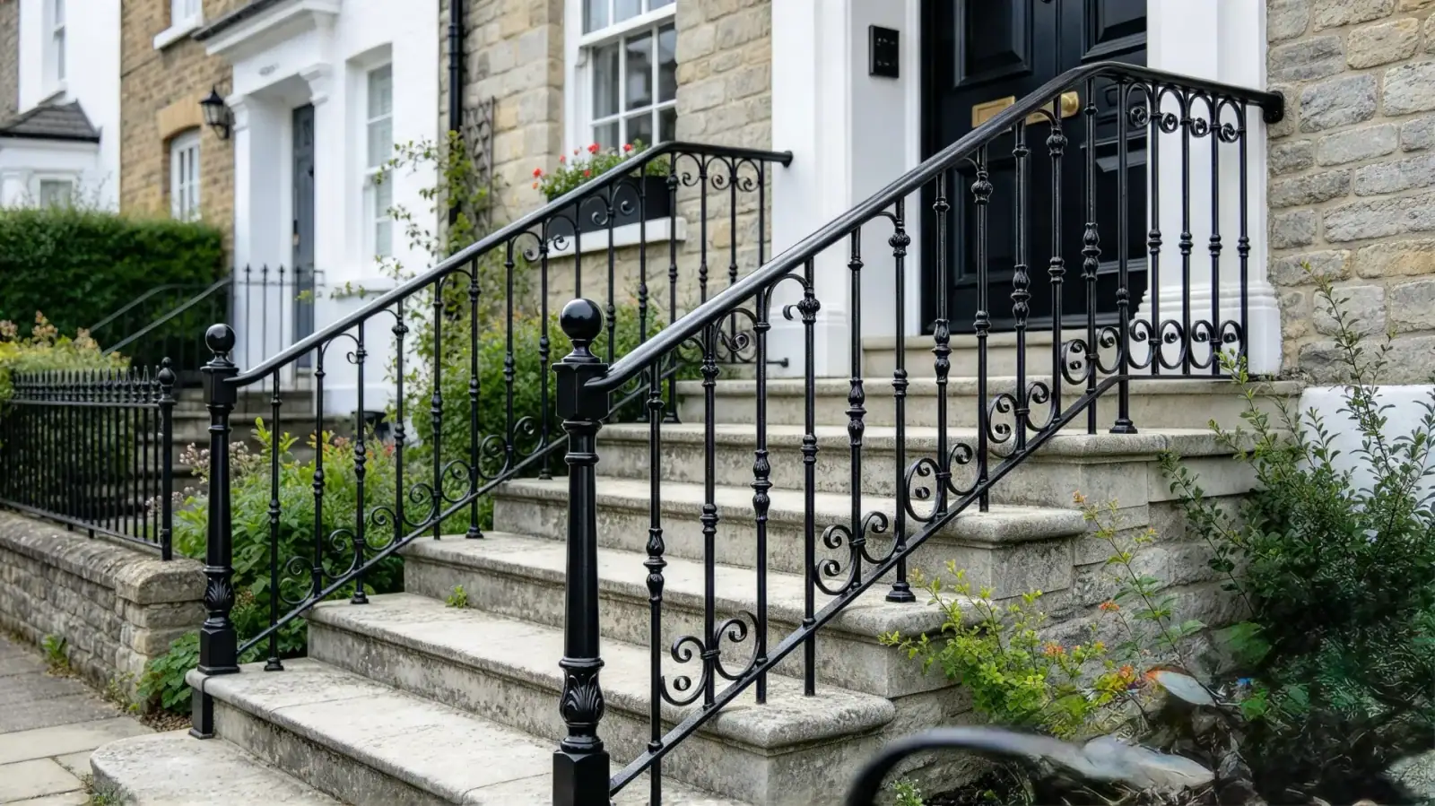 Black steel handrail fitted alongside stone entrance steps at a light stone home