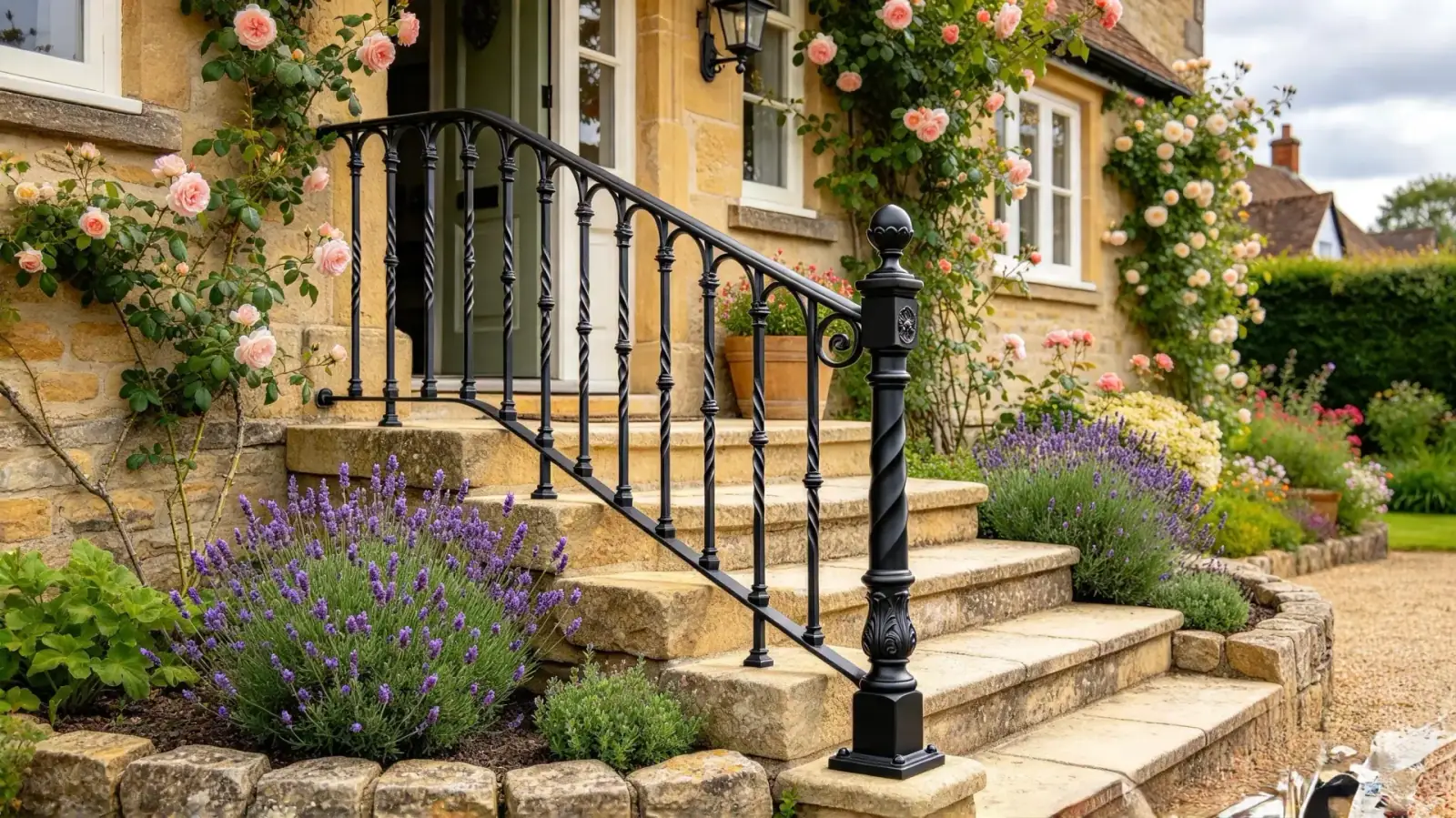 Black decorative metal railings fitted along broad stone steps outside a home
