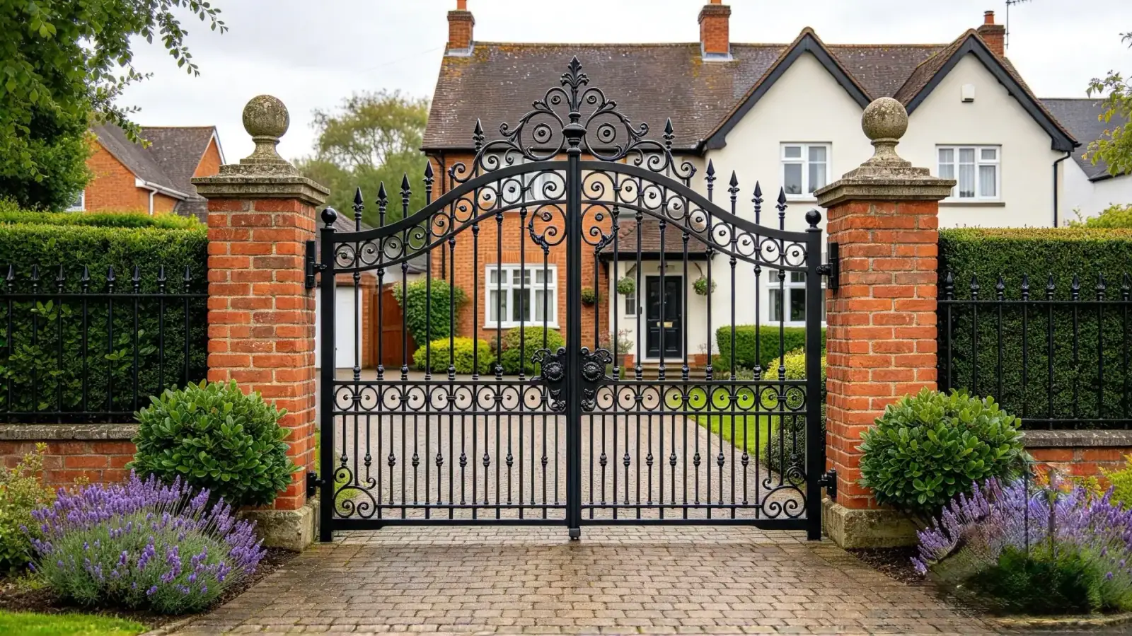 Black steel driveway gate with dark composite infill panels between brick walls