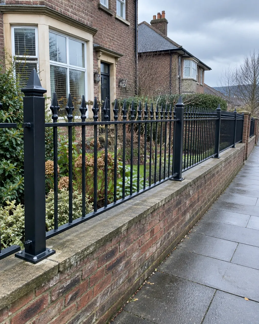 Black powder-coated wrought iron railings with spear-top detailing along a property boundary